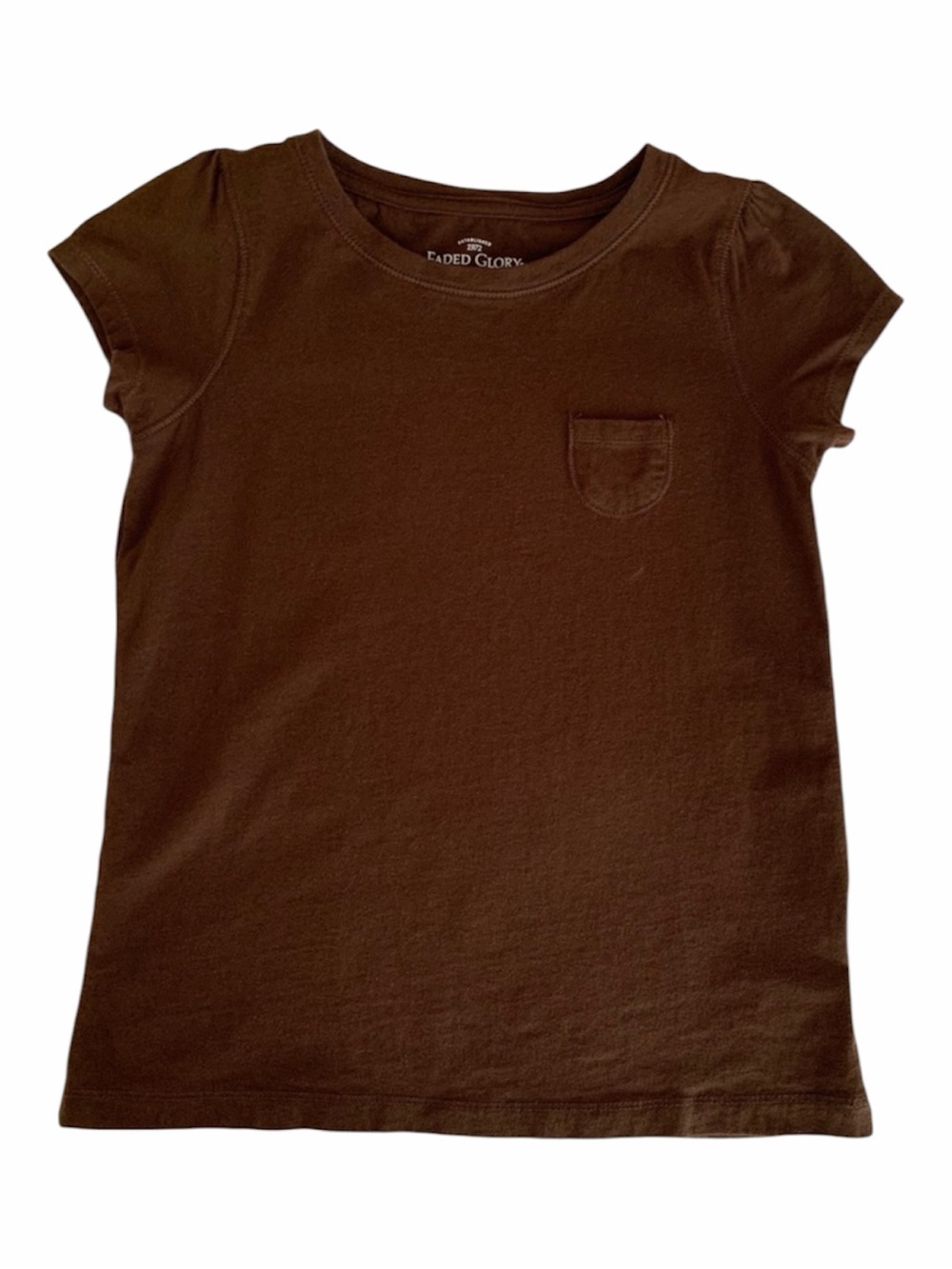 Faded Glory T Shirt Girls L 10-12 Brown Short Cap Sleeve Crewneck Top Pocket